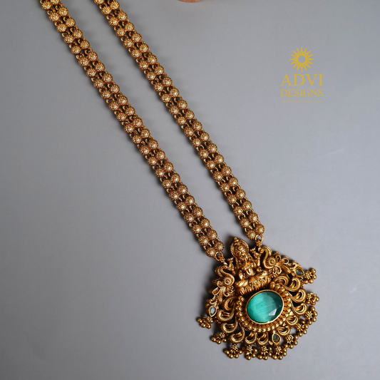 Long Lakshmi Haram Necklace Set with Green Stone Pendant