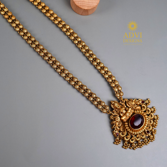 Long Lakshmi Haram Necklace Set with Ruby Red Stone