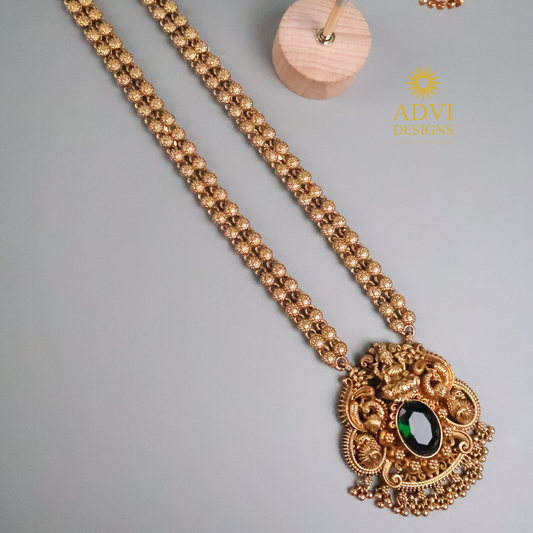 Long Lakshmi Haram Necklace Set with Dark Green Stone Pendant