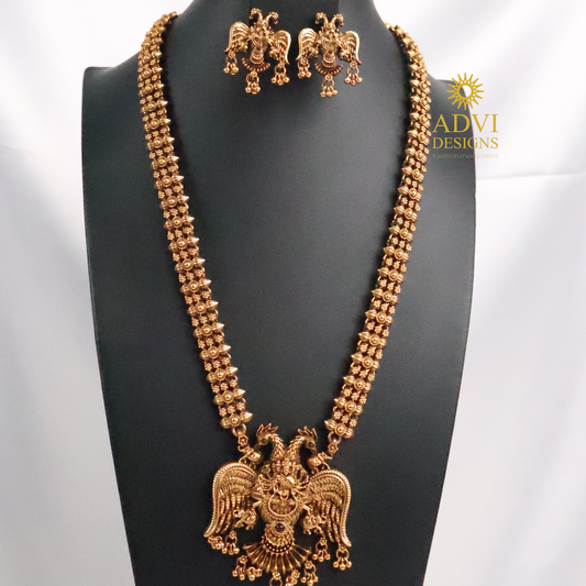 Long Peacock Pendant Haram Necklace Set with Antique Gold Finish