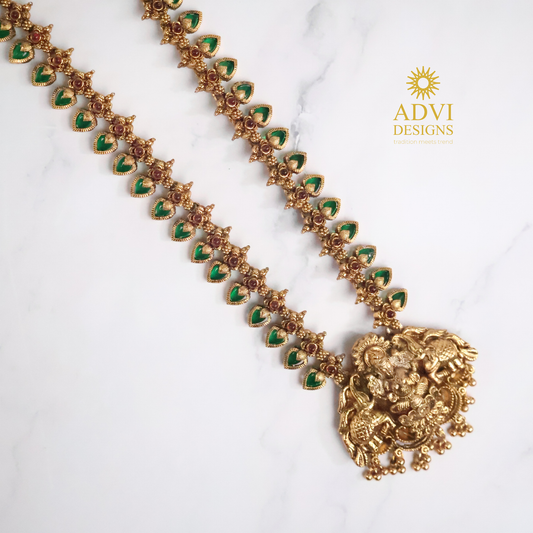 Long Lakshmi Haram Necklace Set with Green & Pink Stones
