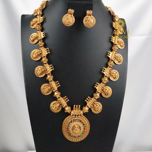 Long Lakshmi Coin Haram Necklace Set with Green & Pink Stones