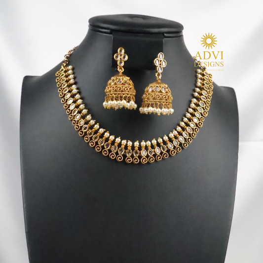 Traditional Kemp Stone Pearl Necklace Set with Matching Jhumkas
