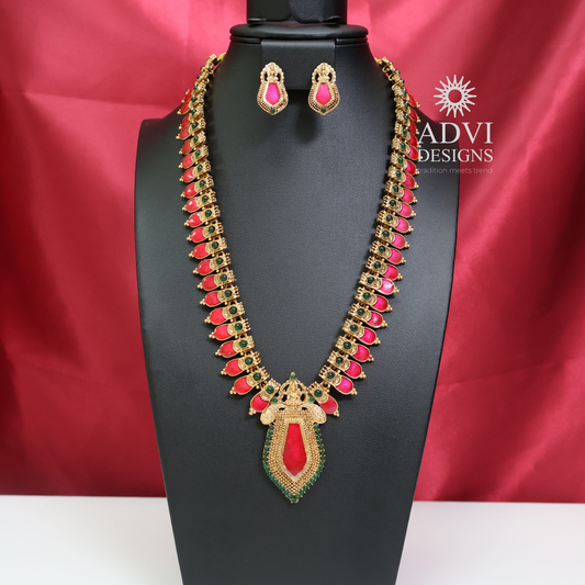 Antique Pink Kemp Stone Lakshmi Haram Set with Statement Pendant