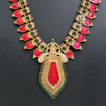 Antique Pink Kemp Stone Lakshmi Haram Set with Statement Pendant