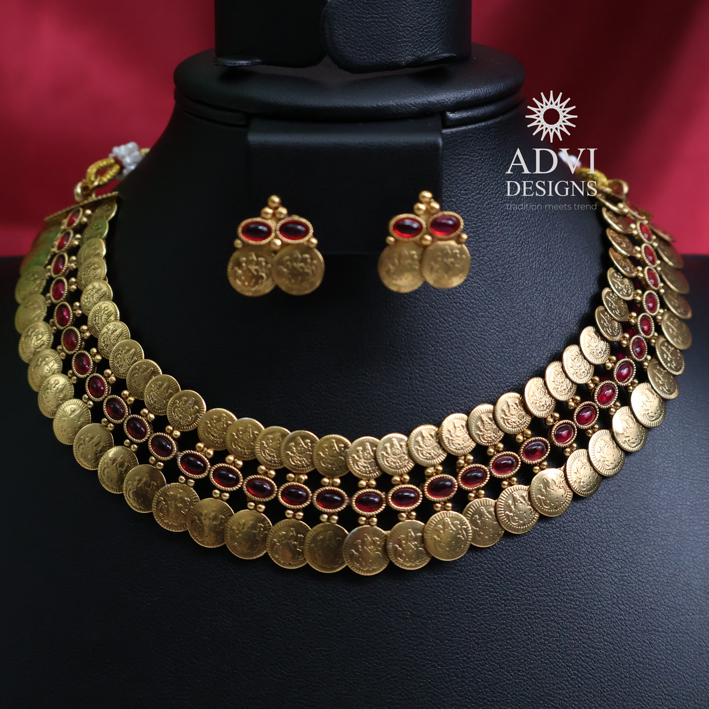 Layered Coin Necklace Set with Ruby Stone Detailing