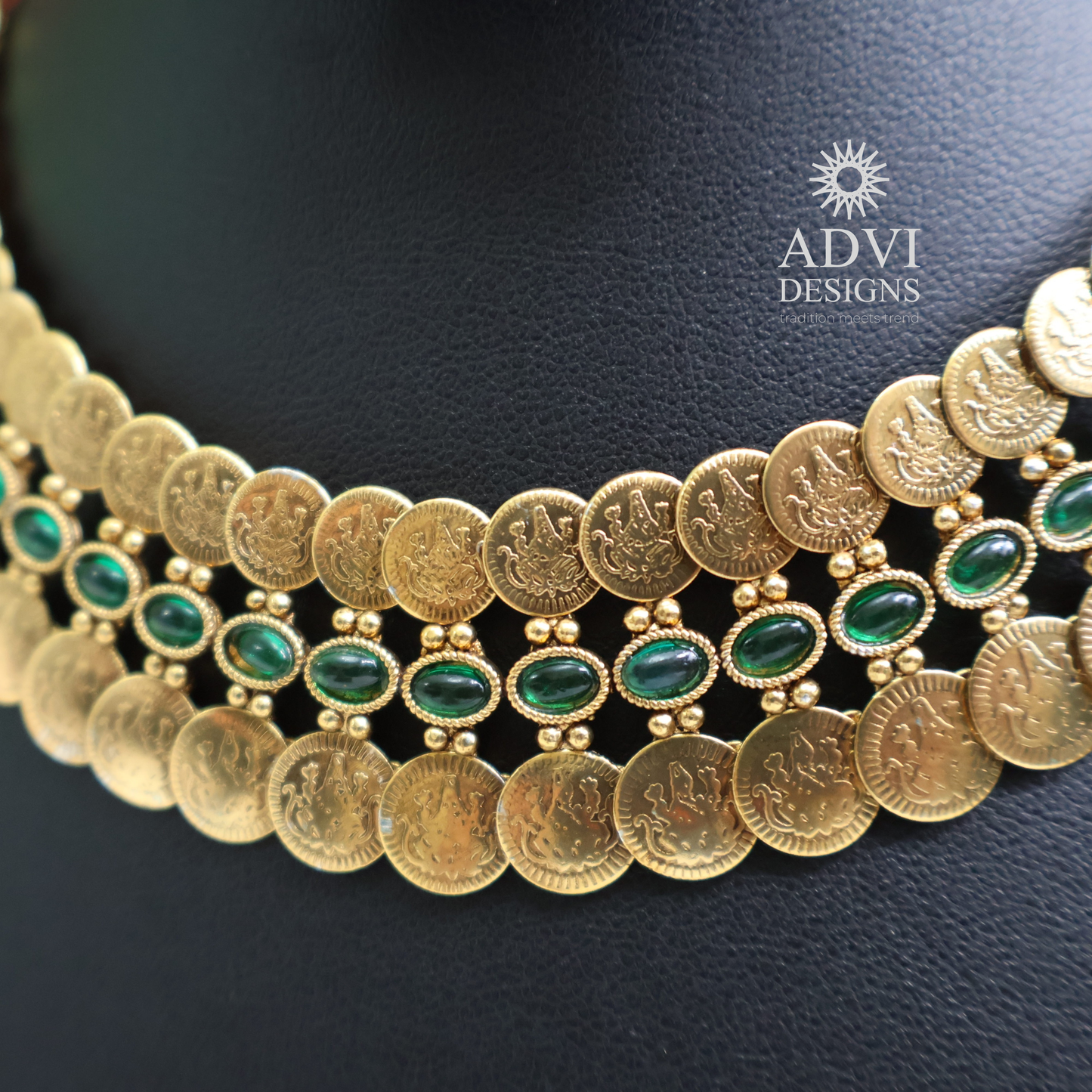 Layered Coin Necklace Set with Green Stone Detailing