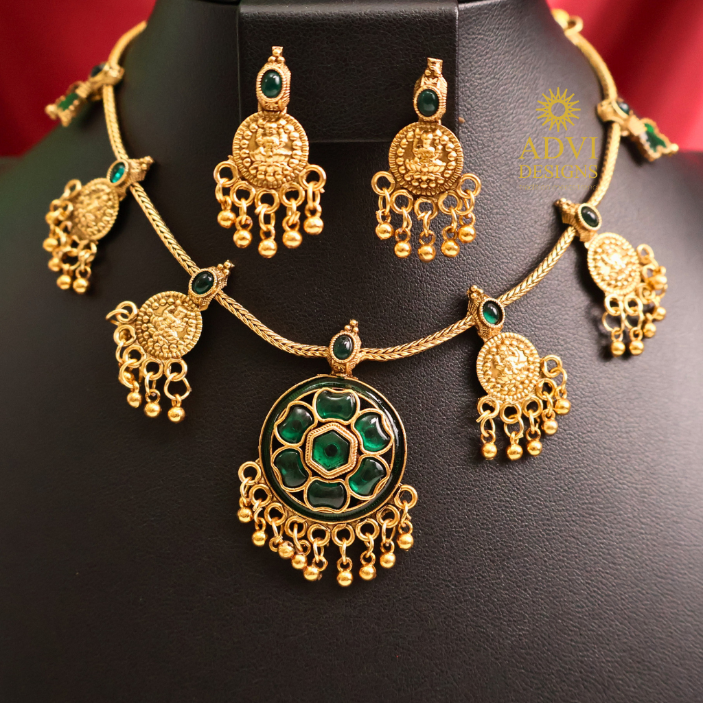 Antique Gold Lakshmi Coin Necklace Set with Emerald Green Floral Pendant