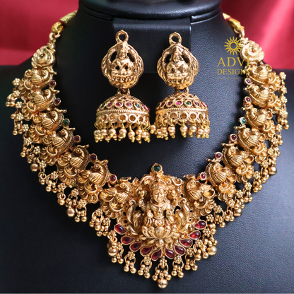 Antique Gold Lakshmi Peacock Choker Necklace Set with Ruby Accents