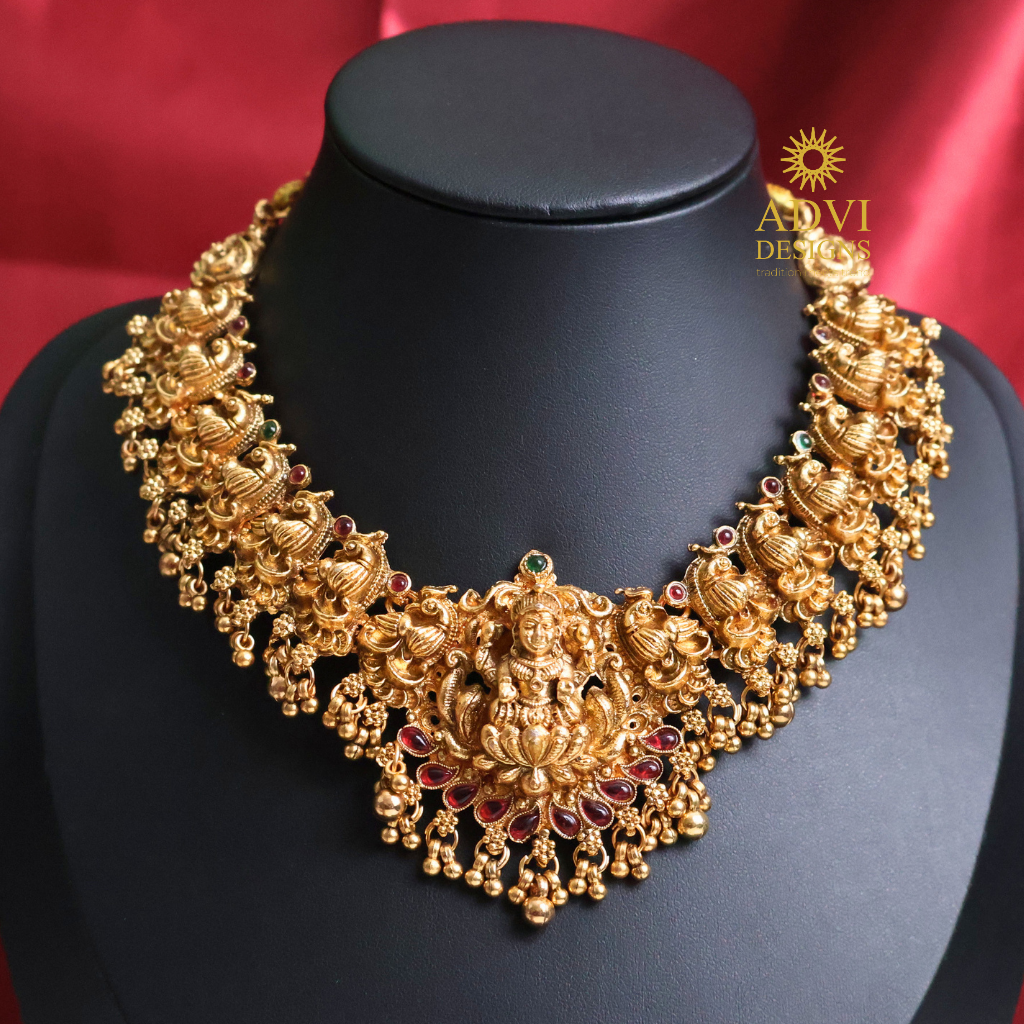 Antique Gold Lakshmi Peacock Choker Necklace Set with Ruby Accents