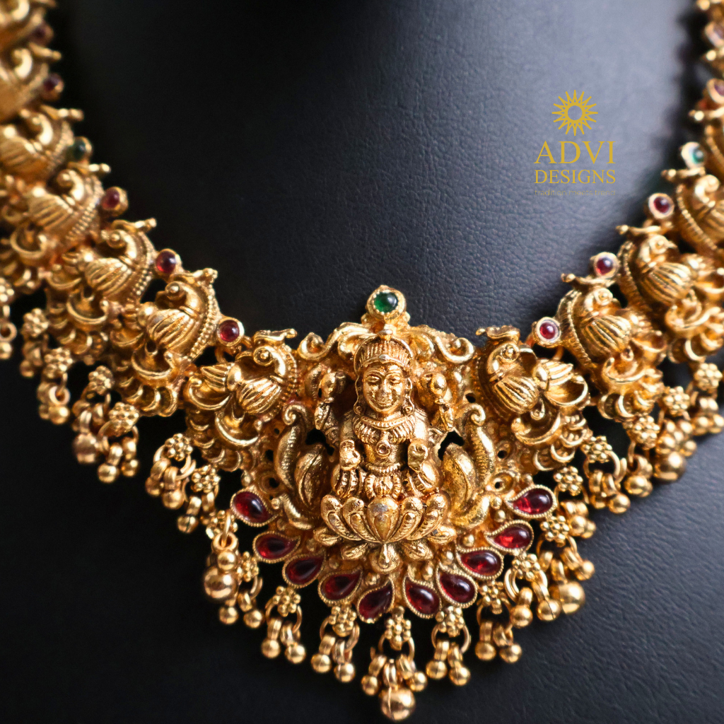 Antique Gold Lakshmi Peacock Choker Necklace Set with Ruby Accents
