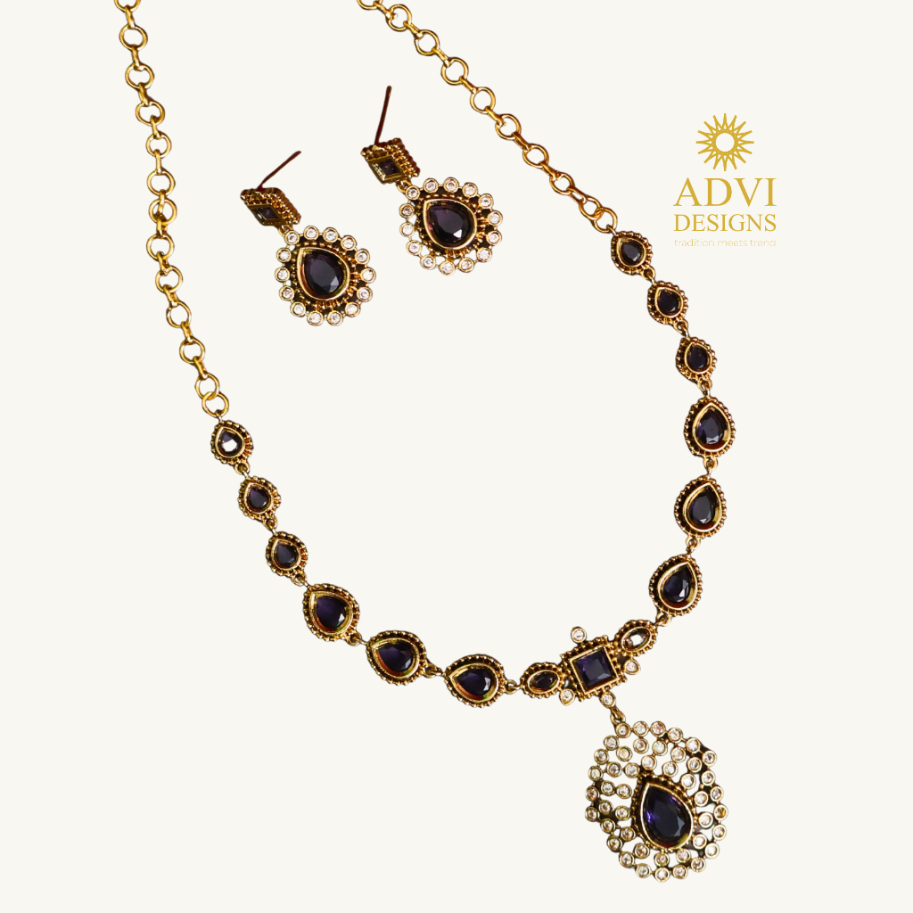 Midnight Blue Teardrop Stone Necklace Set with CZ Halo Earrings