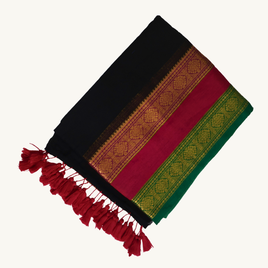 Elegant Black Mul Cotton Saree with Pink & Green Zari Border