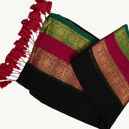 Elegant Black Mul Cotton Saree with Pink & Green Zari Border