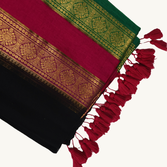 Elegant Black Mul Cotton Saree with Pink & Green Zari Border