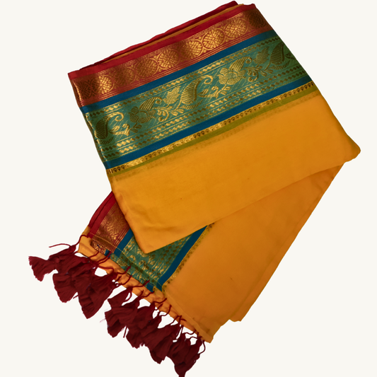 Sunshine Yellow Mul Cotton Saree with Teal Blue & Red Zari Border