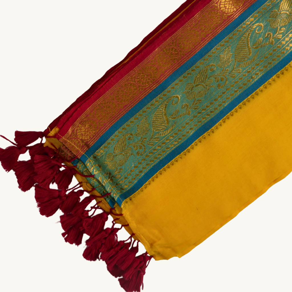 Sunshine Yellow Mul Cotton Saree with Teal Blue & Red Zari Border