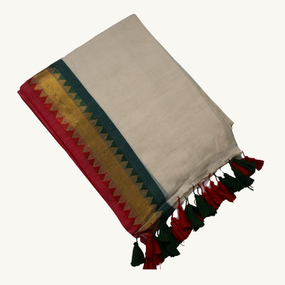 Elegant White Mul Cotton Saree with Red & Green Temple Border