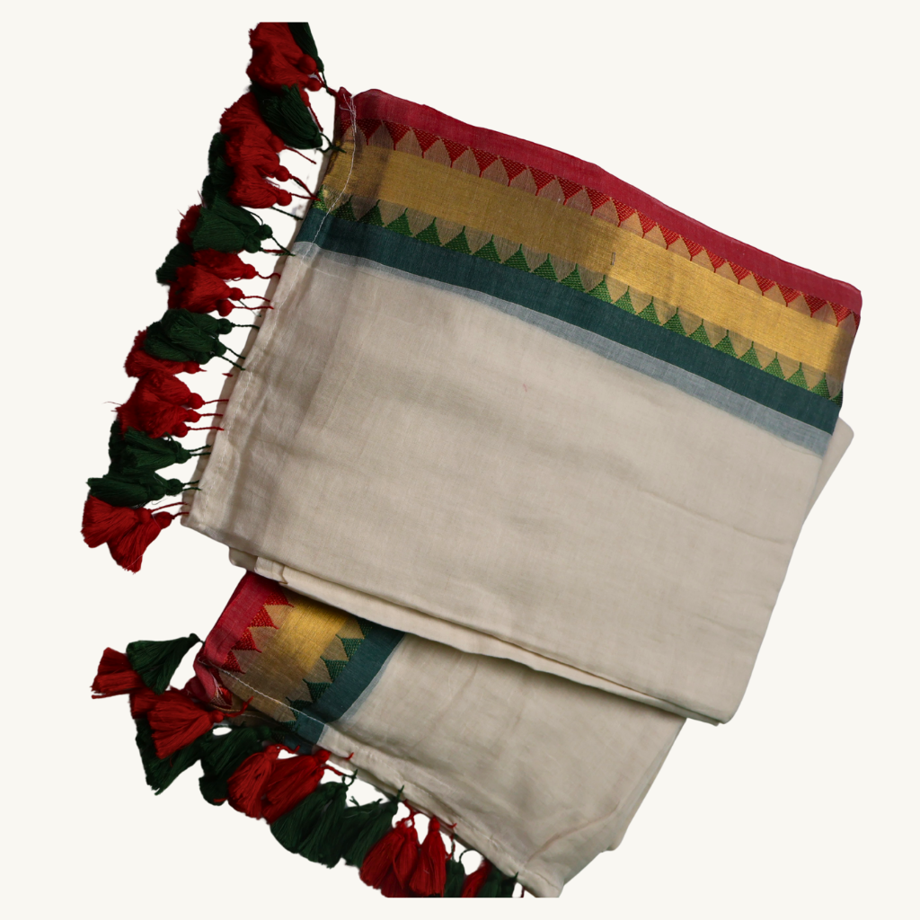 Elegant White Mul Cotton Saree with Red & Green Temple Border