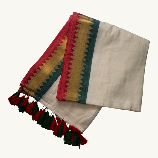 Elegant White Mul Cotton Saree with Red & Green Temple Border