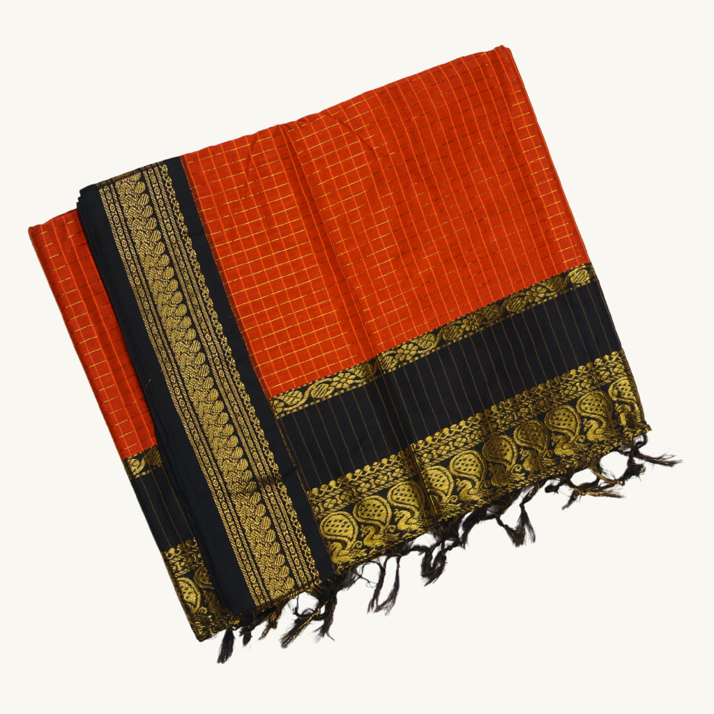 Orange & Black Kalyani Cotton Saree with Gold Zari Border