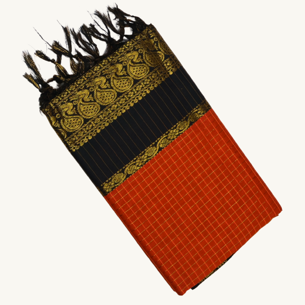 Orange & Black Kalyani Cotton Saree with Gold Zari Border