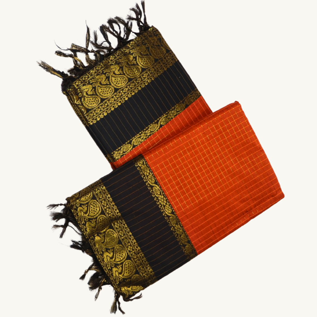 Orange & Black Kalyani Cotton Saree with Gold Zari Border