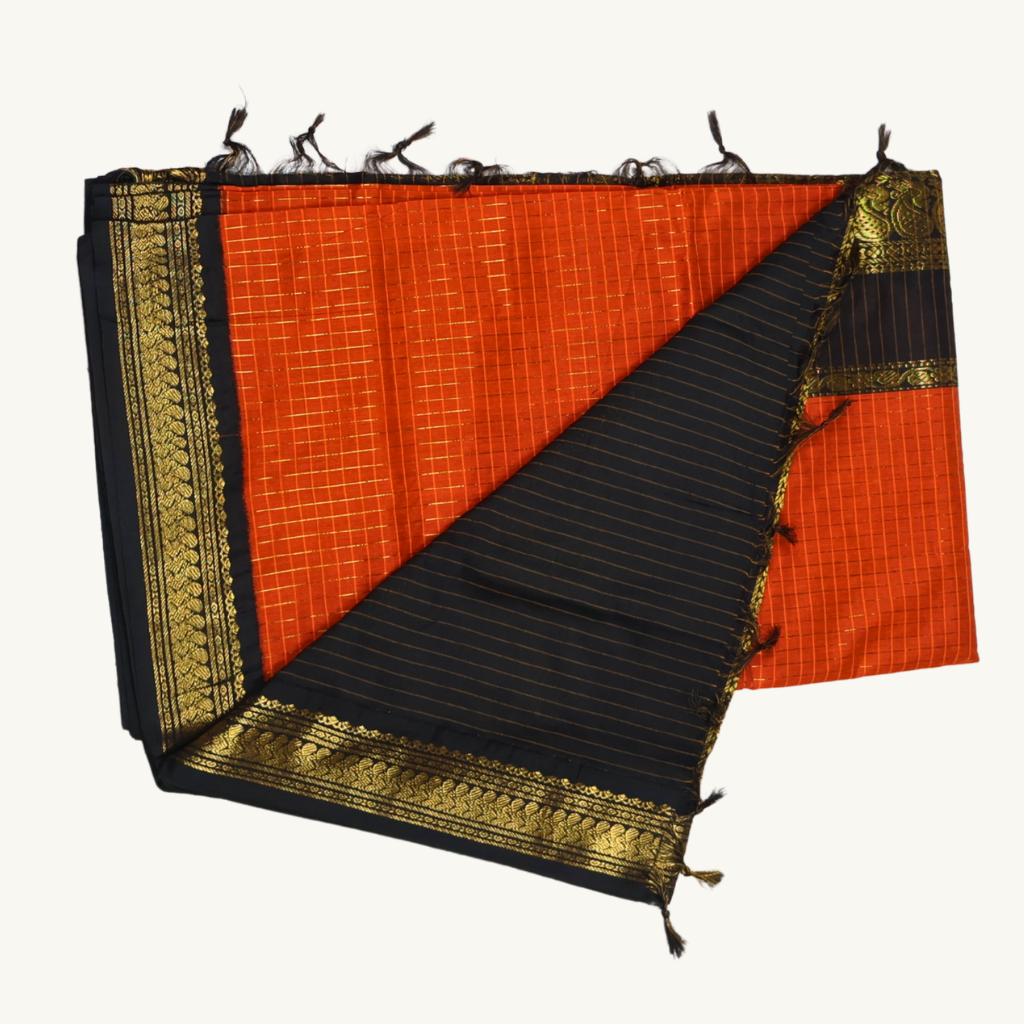 Orange & Black Kalyani Cotton Saree with Gold Zari Border