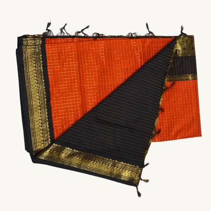 Orange & Black Kalyani Cotton Saree with Gold Zari Border
