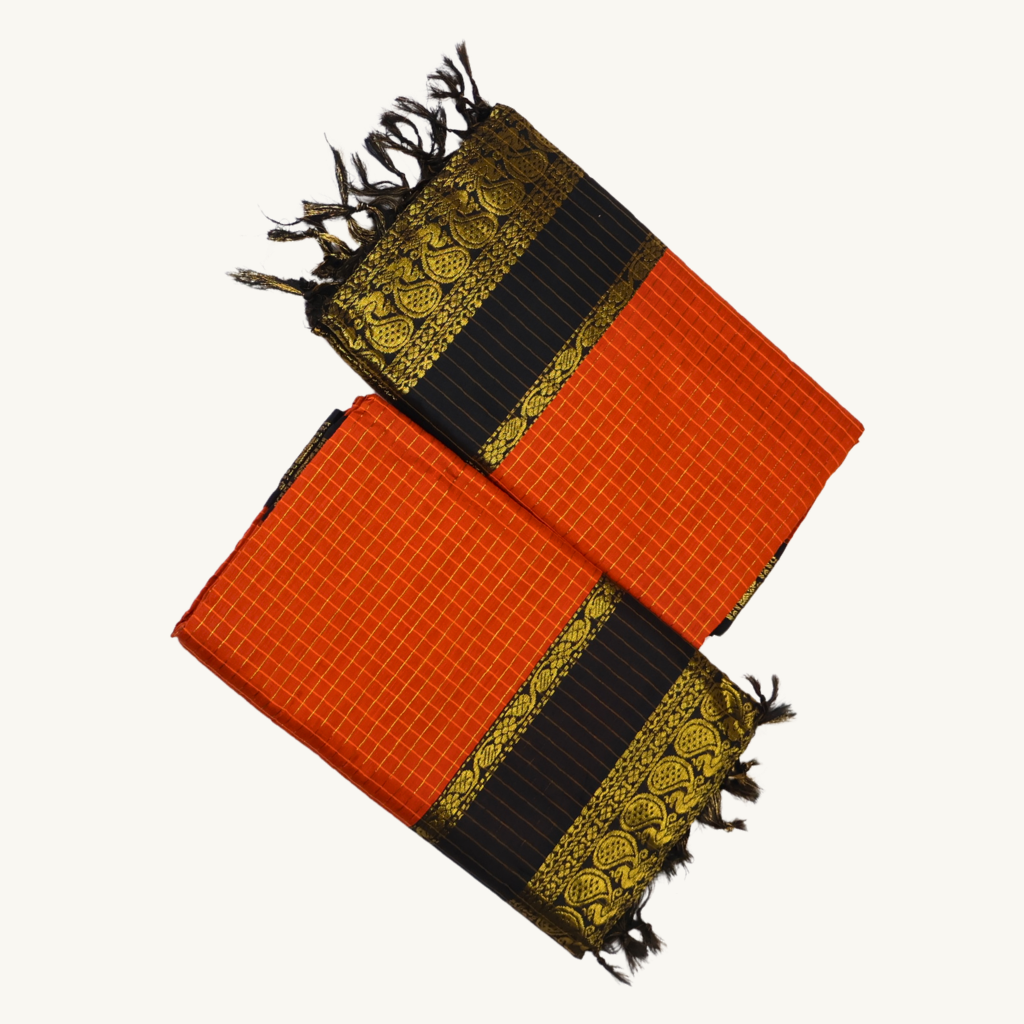 Orange & Black Kalyani Cotton Saree with Gold Zari Border