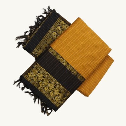 Mustard Yellow & Black Kalyani Cotton Saree with Rich Gold Zari Border