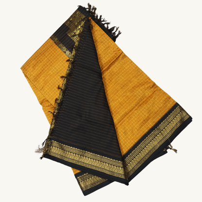 Mustard Yellow & Black Kalyani Cotton Saree with Rich Gold Zari Border