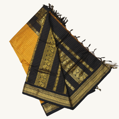 Mustard Yellow & Black Kalyani Cotton Saree with Rich Gold Zari Border