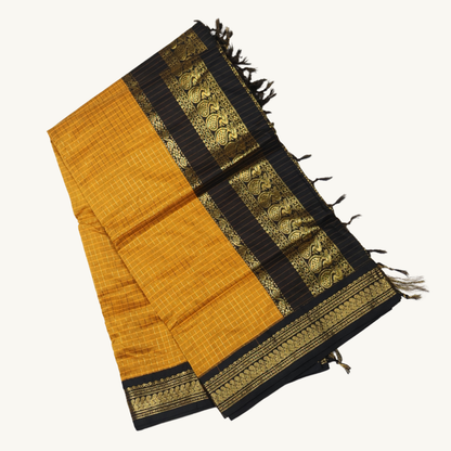 Mustard Yellow & Black Kalyani Cotton Saree with Rich Gold Zari Border