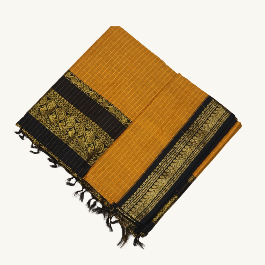 Mustard Yellow & Black Kalyani Cotton Saree with Rich Gold Zari Border