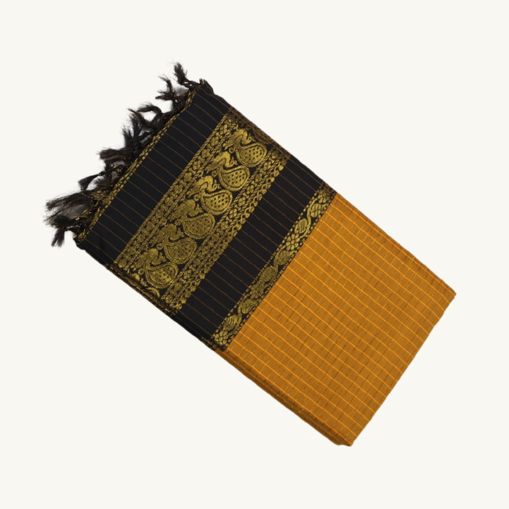Mustard Yellow & Black Kalyani Cotton Saree with Rich Gold Zari Border