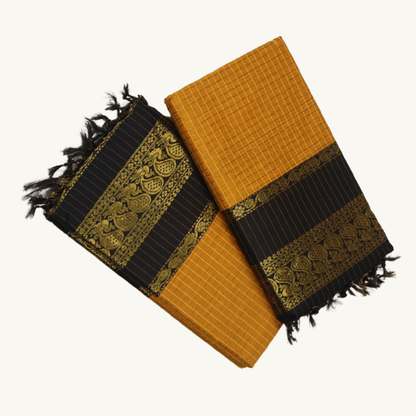 Mustard Yellow & Black Kalyani Cotton Saree with Rich Gold Zari Border