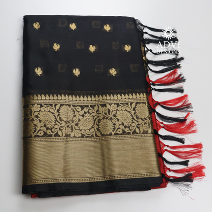 Black & Red Semi Banarasi Half & Half Saree with Designer Butis & Gold Zari Border