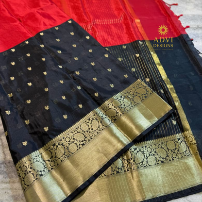 Black & Red Semi Banarasi Half & Half Saree with Designer Butis & Gold Zari Border