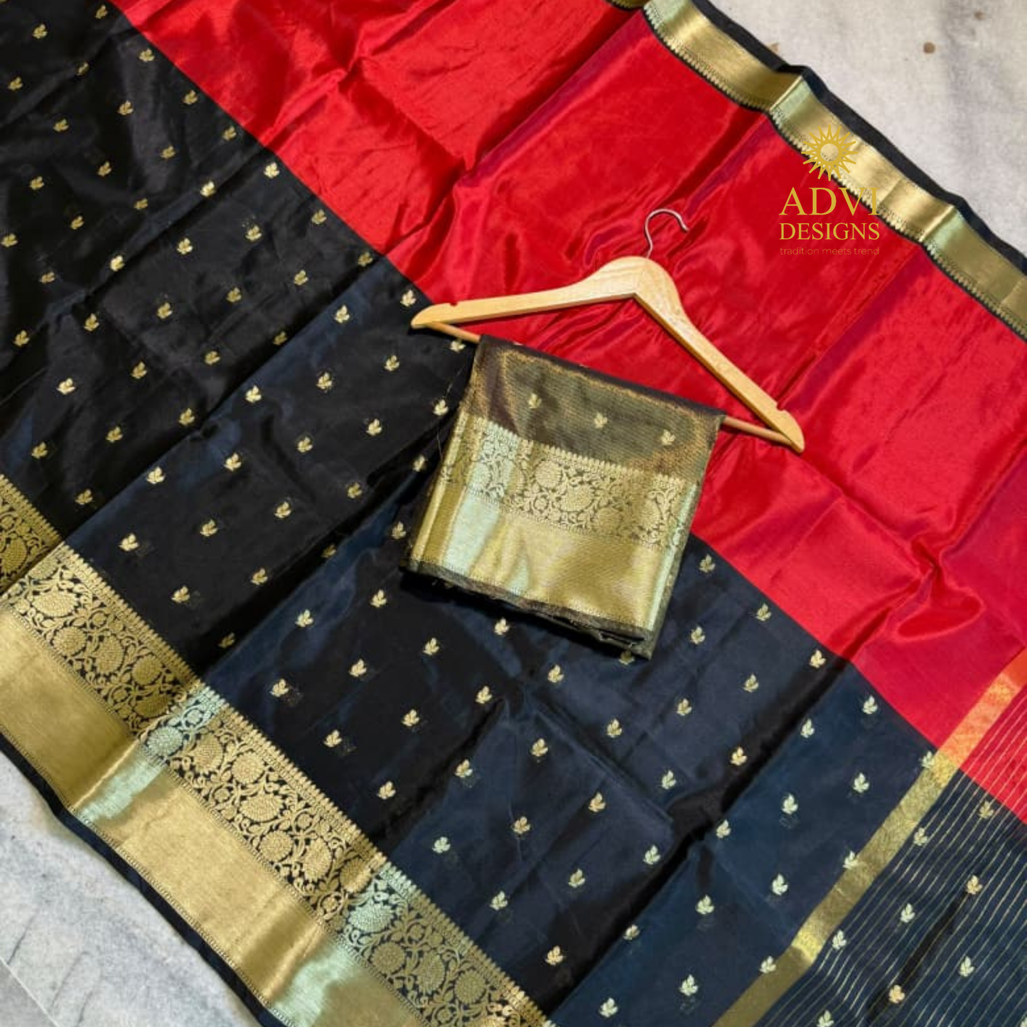 Black & Red Semi Banarasi Half & Half Saree with Designer Butis & Gold Zari Border