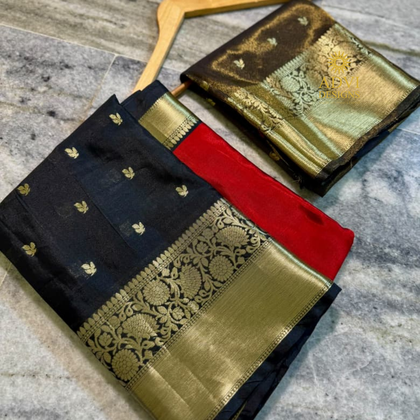 Black & Red Semi Banarasi Half & Half Saree with Designer Butis & Gold Zari Border