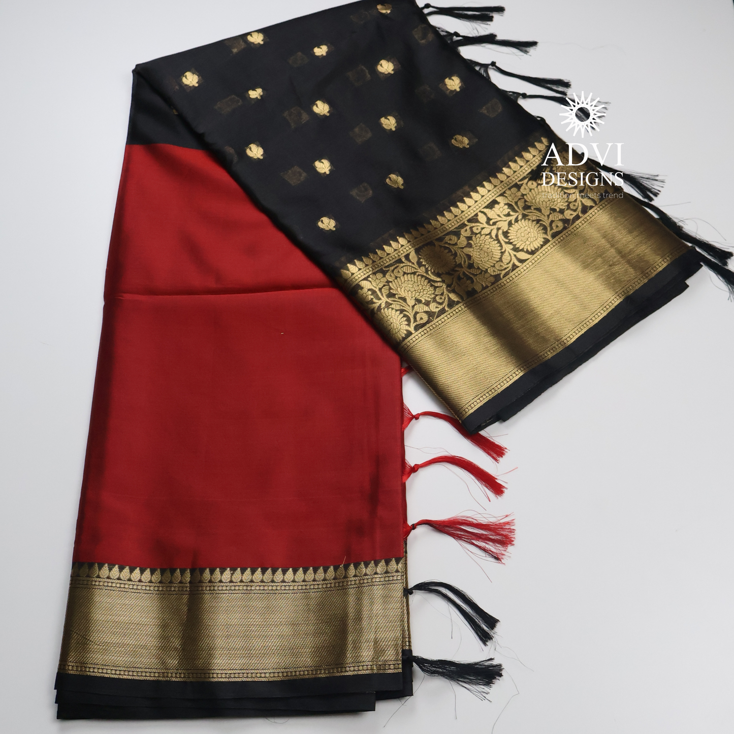 Black & Red Semi Banarasi Half & Half Saree with Designer Butis & Gold Zari Border