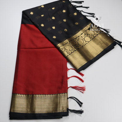 Black & Red Semi Banarasi Half & Half Saree with Designer Butis & Gold Zari Border