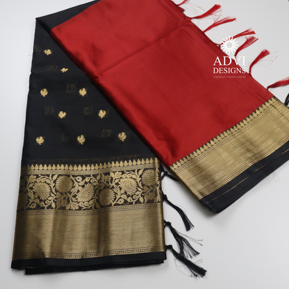 Black & Red Semi Banarasi Half & Half Saree with Designer Butis & Gold Zari Border