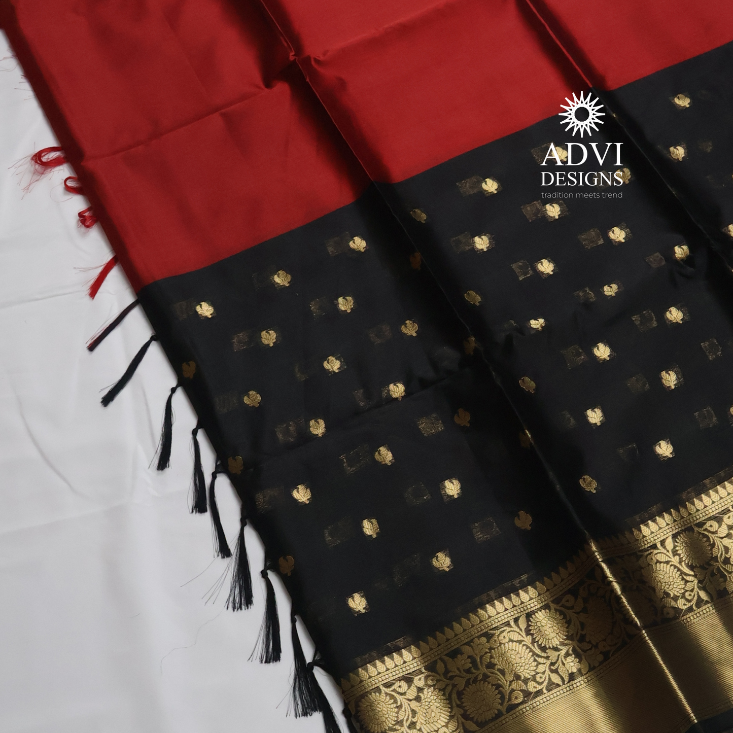Black & Red Semi Banarasi Half & Half Saree with Designer Butis & Gold Zari Border