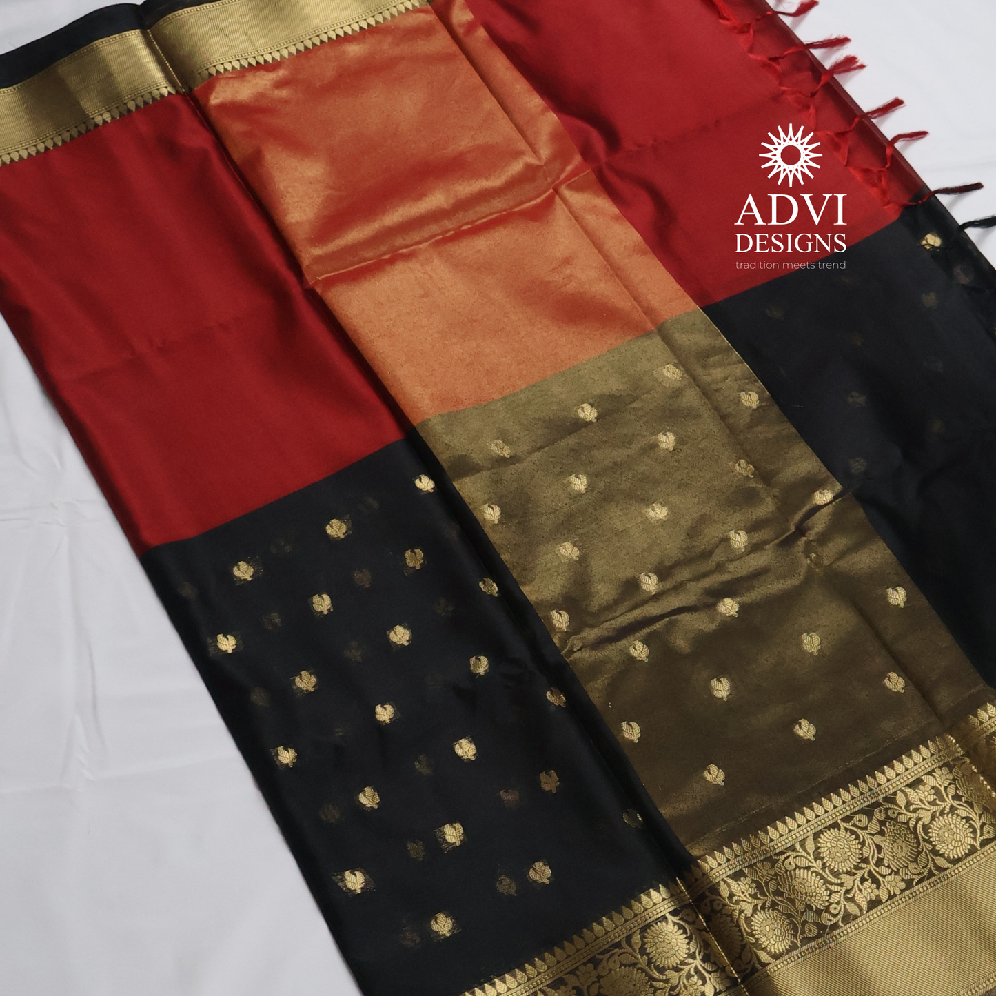 Black & Red Semi Banarasi Half & Half Saree with Designer Butis & Gold Zari Border