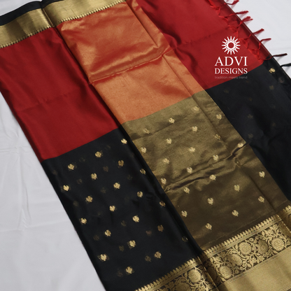 Black & Red Semi Banarasi Half & Half Saree with Designer Butis & Gold Zari Border