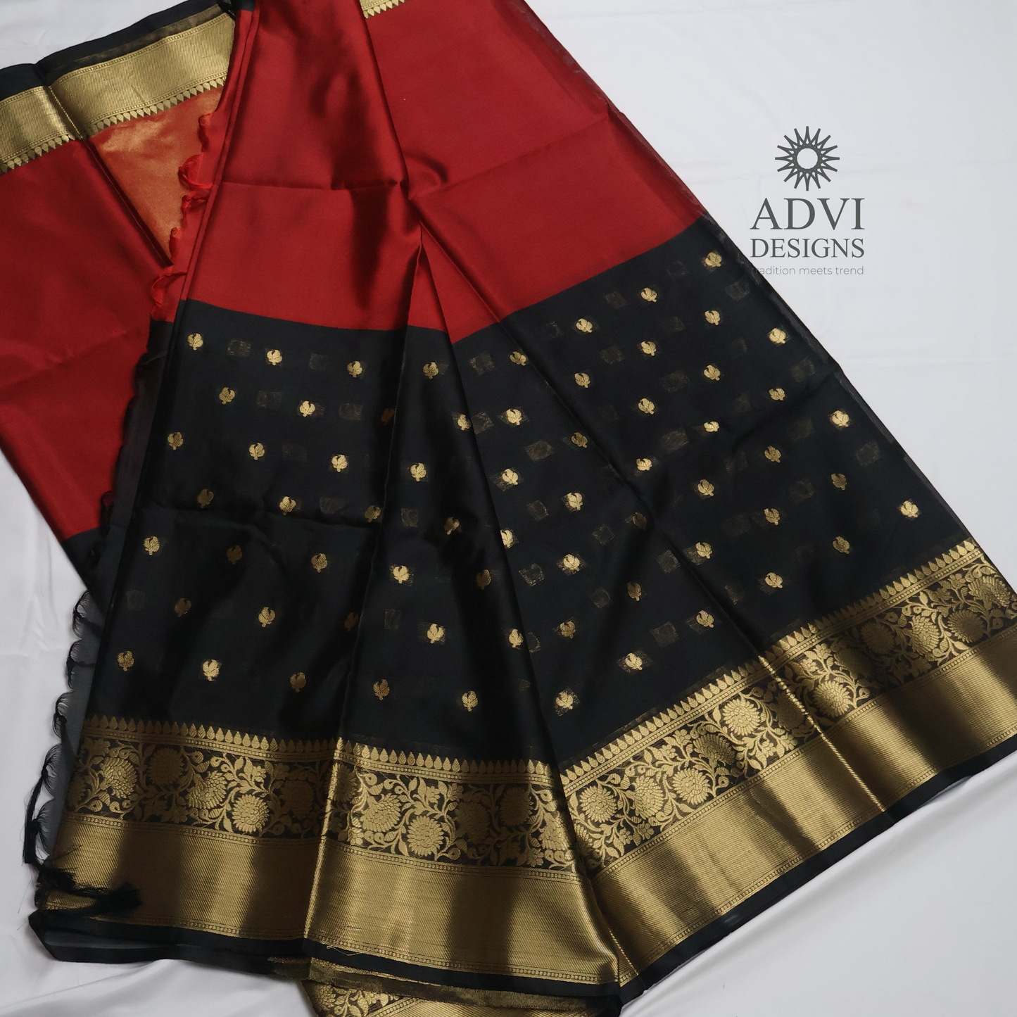 Black & Red Semi Banarasi Half & Half Saree with Designer Butis & Gold Zari Border