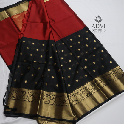 Black & Red Semi Banarasi Half & Half Saree with Designer Butis & Gold Zari Border