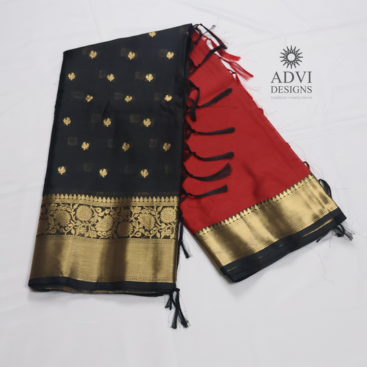 Black & Red Semi Banarasi Half & Half Saree with Designer Butis & Gold Zari Border